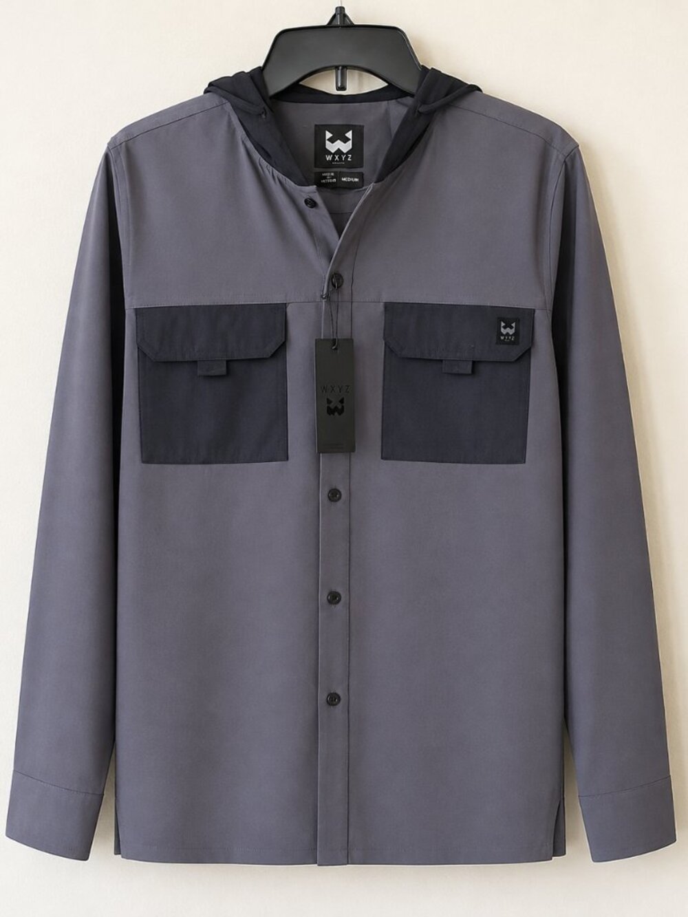 WXYZ Charcoal Gray Men's Hooded Flannel Double Pocket Button Down Shirt SZ M